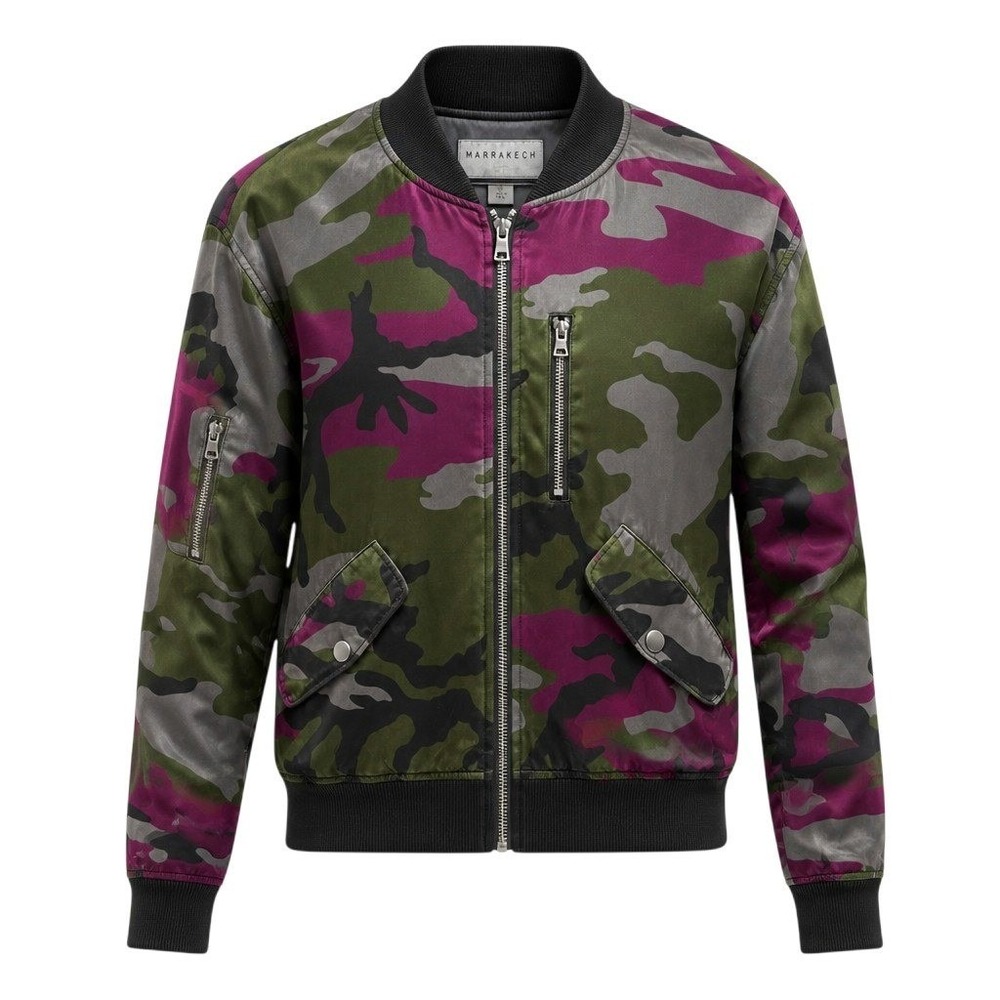 Marrakech Edgy Bomber Jacket Purple Green Camo Satin Finish Utility Streetwear